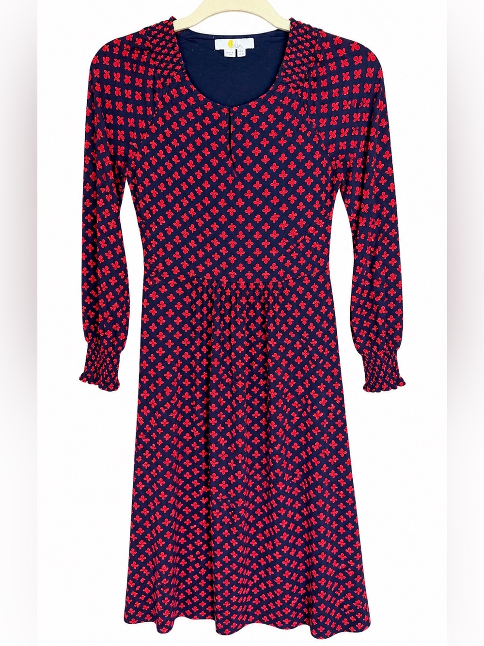 Boden 4P Navy Red Floral Midi Dress Smocked Cuffs Long Sleeve Petite